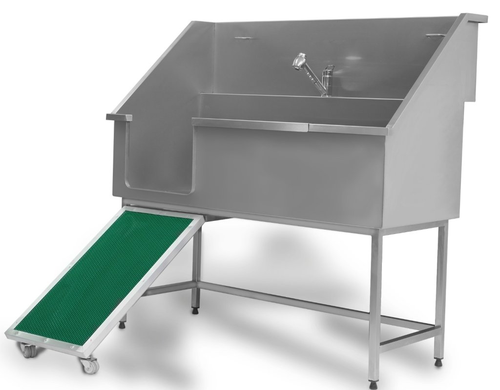 Hundewaschbecken aus 304-Edelstahl mit Einlauframpe – für Groomer und Tierkliniken.